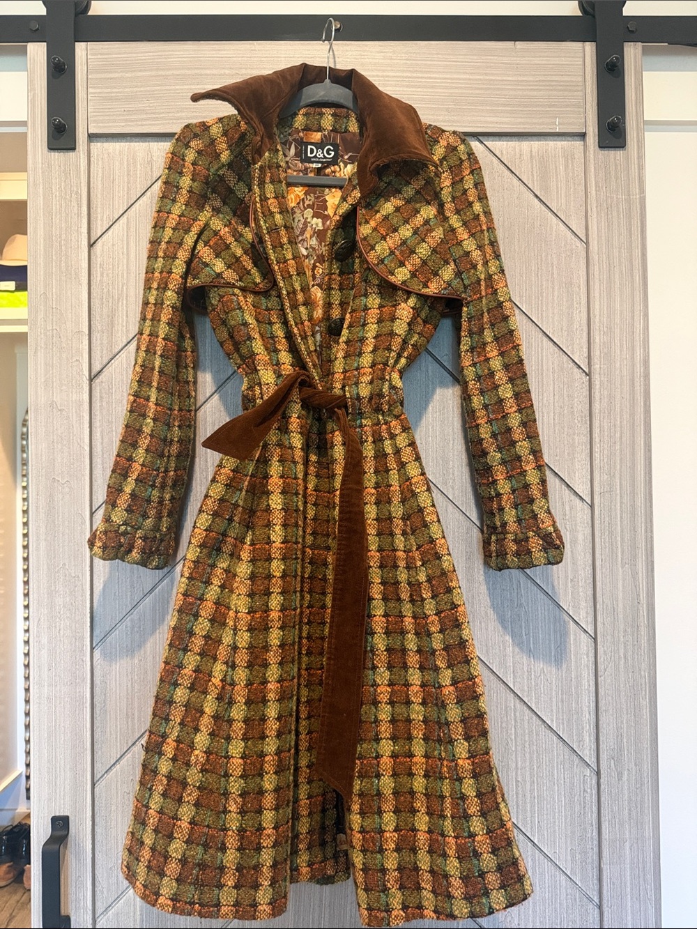 D&G Womens Green, Brown & Gold Plaid Wool Pea Coat